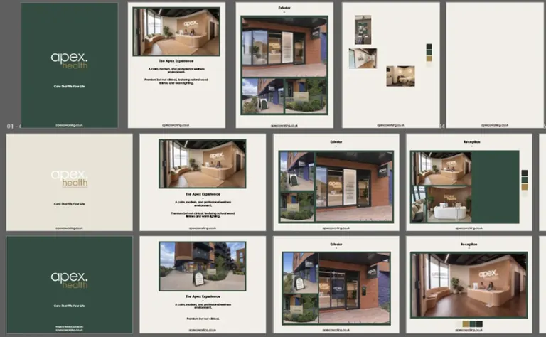 Pages of the Apex Health brand brochure in green and cream, with the logo, interior renders and colour swatches
