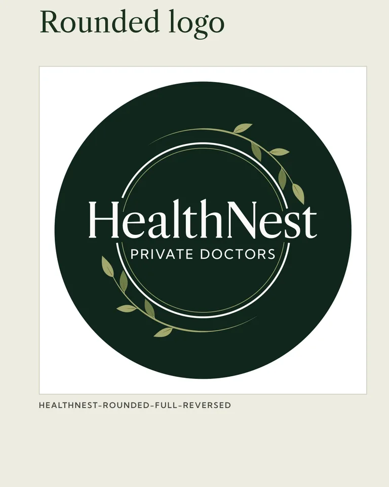 HealthNest brand guidelines by OhBe, rounded logo in HealthNest green